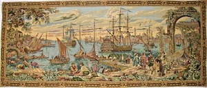 NAUTICAL VENICE HARBOUR 60" X 26" BELGIAN TAPESTRY WALL HANGING, FULLY LINED - Picture 1 of 6