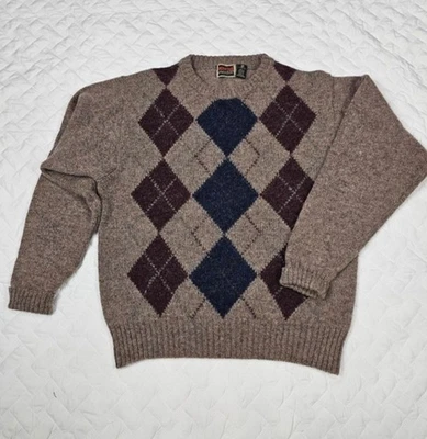 Mountain Express Brown Navy Argyle Dimond Shetland wool Sweater L   - Image 1 of 4