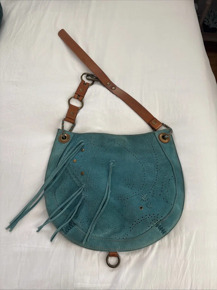 Lucky Brand Blue Suede Leather Fringe Hobo Crossbody Bag Boho Hippie - Image 1 of 1