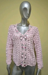 Vtg Exclusive Imports. Open Knit Crochet Floral Button-Down Cardigan/Jacket M - Picture 1 of 5