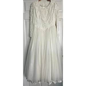 Vintage 90s Jessica McClintock Wedding Dress Beaded Lace Tulle Layers Skirt Sz12 - Picture 1 of 13