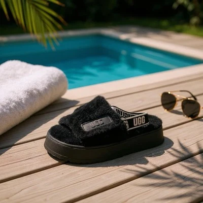 UGG диско слайд женщин размер 11 черный овчины платформе тапочки туфли - Изображение 1 из 4