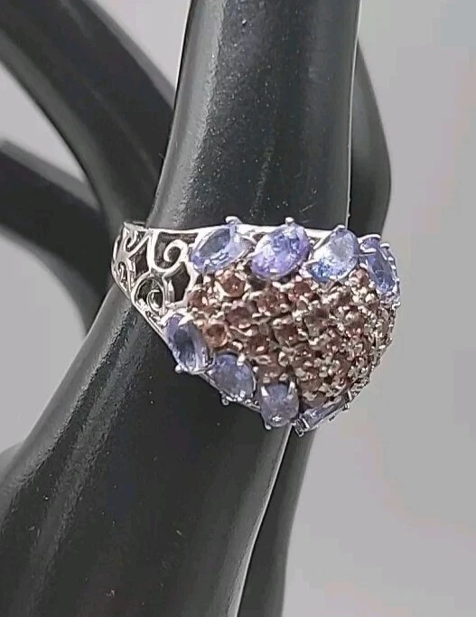 Anillo de plata de ley con zafiro rosa tanzanita azul talla 8 banda ancha abovedada 925 Foto 1 de 4