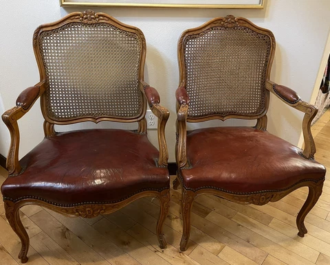 Pair signed Maison Gouffe Paris Louis XV Arm Chairs 1930’s Leather Cane Walnut Cover