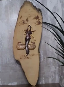 Vintage Asian Pyrography Crave Embossed Raw Edge Wood Handmade Wall Art Vintage - Picture 1 of 7