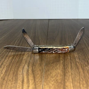 Vintage Colonial Prov. USA 3-Blade 3 3/8 Inch Pocket Knife - Faux Stag Handle - Picture 1 of 14