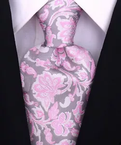 100% Silk Jacquard Woven Necktie - Pink & Gray Silk Floral Necktie - Scott Allan - Picture 1 of 5