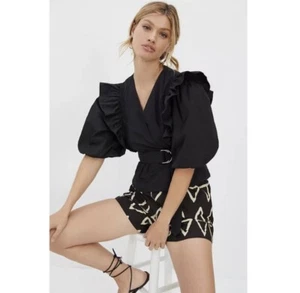 NEW Anthropologie Magali Pascal XS Extra Small Anna Puff Sleeve Belted Blouse - Imagen 1 de 9