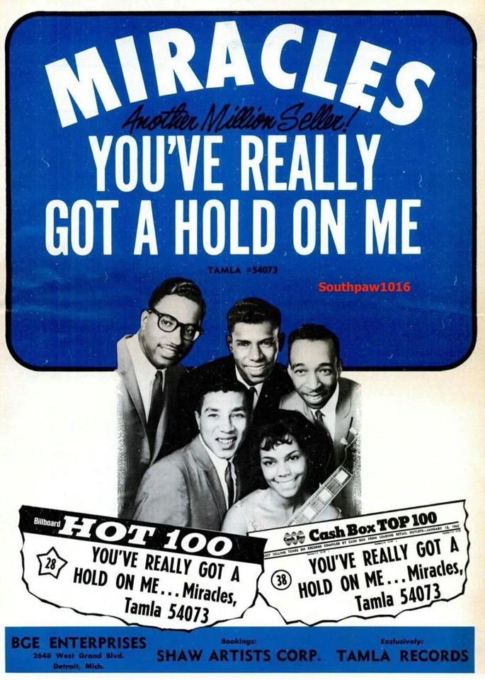 1962 Miracles "You've Really Got A Hold On Me" Song Release Promo Ad Reprint - Image 1 of 1