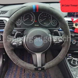Black&Hole Suede Leather Steering Wheel Stitch on Wrap Cover For BMW X5 F15 13+ - Picture 1 of 9