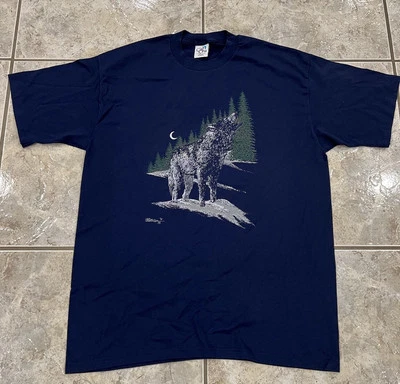 复古 90 年代成人 L/XL 狼 狼 荒野 单针衬衫 美国制造 海军 — 第 1/4 张图片