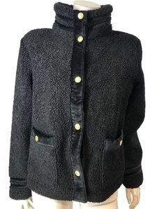 Branded BLACK Shearling Jacket Women's Gold Button Detail High Collar UK12 - Picture 1 of 4