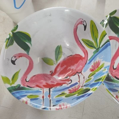 Juego de 4 platos de cena de melamina rosa flamencos Cynthia Rowley New York tropical Foto 1 de 4