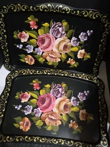 2 Vintage Metall schwarz lackiert Blumen Geschirr TV Tabletts MCM 22×151/2" * siehe keine Ständer - Bild 1 von 14