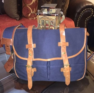 Ralph Lauren Canvas & Leather Commuter Messenger Bag Navy Blue - Image 1 of 4