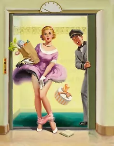ART FRAHM Pin-Up Poster or Rolled Canvas Print "Going Down" Sexy Girl, Elevator - Picture 1 of 1