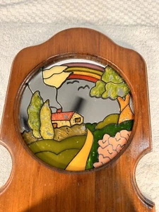 Vintage 1980 Buntglas Spiegel handgefertigt Massivholz Briefhalter Taschenregal - Bild 1 von 13