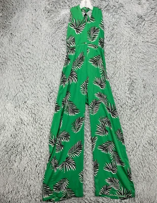 Mono Forever 21 Para Mujer XS Verde Pluma Tropical Halter Cuello Atado Pierna Ancha Foto 1 de 4