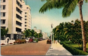 1940s Florida Postcard Hotels along Ocean Drive Miami Beach FL Old Cars Victor - Picture 1 of 2