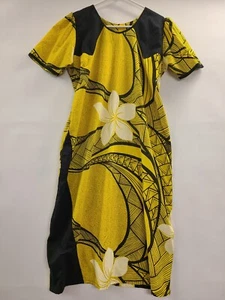 Hawaiian Dress Vintage  Size L White and  Green Midi Tribal Print Short Sleeve - Picture 1 of 21