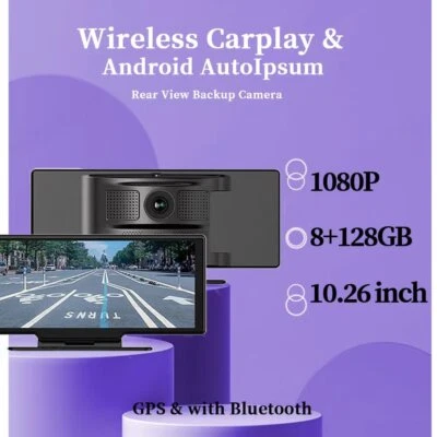 10.26 Inch Touch Screen Dual Dash Cam Car Wireless CarPlay Android Radio 2.5K  - Image 1 of 4