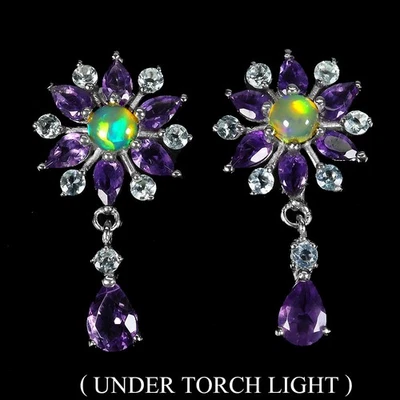 925 Orecchini Argento Sterling Pera Ametista 7x5mm Opale di Fuoco Gemma Gioielli - Immagine 1 di 4