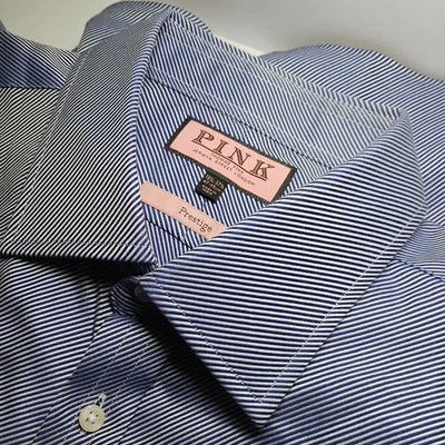 Camisa de vestir Thomas rosa prestigio azul a rayas puño francés para hombre talla 2XLT 18,5-37,5 Foto 1 de 4
