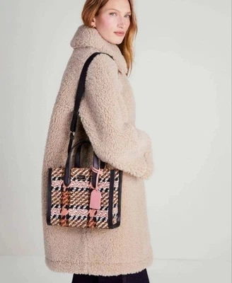 Kate Spade Manhattan Plaid Tweed Small Tote Bag Purse Pink Black Shoulder Strap - Image 1 of 4