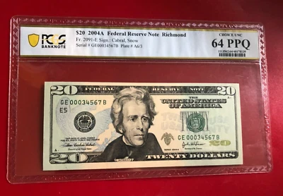 2004A FEDERAL RESERVE NOTE RICHMOND CABRAL SNOW PCGS 64 SERIAL NUMBER 34567 - Image 1 of 2