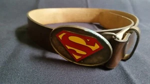 VTG GENUINE LEE SUPERMAN YOUTH BELT BRASS PLATED / BONDED LEATHER ~ SIZE 27" ~ - Picture 1 of 12