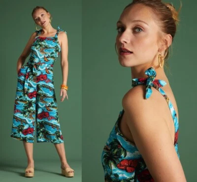 King Louie Overall Jumpsuit Einteiler Hosenanzug blau Palmen rot Hawaii Chrissie - Bild 1 von 4