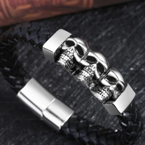 Skull Stainless Steel Bracelet Ghost Men's Leather Bracelet Woven Bracelet - Picture 1 of 5