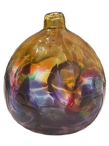 Beautiful Hand Blown Glass Oil Lamp Round Orb Swirl Amber Purple Green 4.5” - Picture 1 of 6