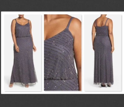 NWT  Adrianna Papell  Art Deco Beaded Blouson Gown in Gunmetal/Gold  Size  14P - Image 1 of 4