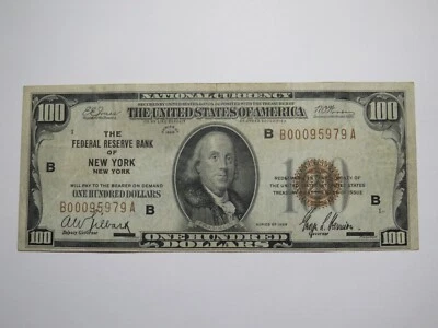$100 1929 New York City National Currency Note Federal Reserve Bank Note Bill VF - Image 1 of 3