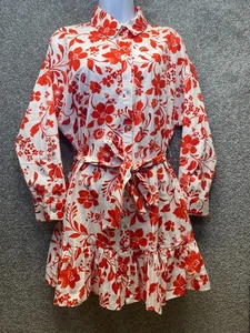 Zara Womens Large White with Red Flowers Shirt Dress Ruffle Hem Long Sleeve Belt - Picture 1 of 13