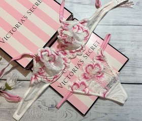 Victoria's Secret Dream Angels Wicked Peony Embroidery Pink Unlined Bra Set