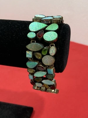 Brazalete de cadena vintage de plata de ley 925 BOHO DISEÑO GRUESO MULTI PIEDRAS PRECIOSAS Foto 1 de 4