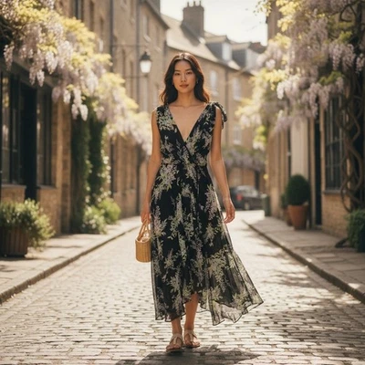 ASOS Women’s Floral V-Neck Maxi Dress Sheer Flowy Asymmetrical Hem Black Green 4 - Image 1 of 4