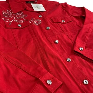 Chaqueta Quacker Factory Grande Roja Estrás y Tachuelas Botón Floral Rosa Nueva con Etiquetas - Imagen 1 de 17
