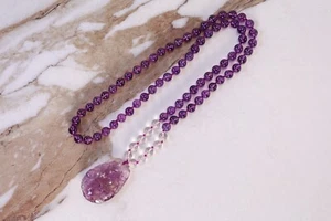 Vintage Carved Amethyst Beaded Necklace 29 Inch Length Peach Blossom Motif - Picture 1 of 9