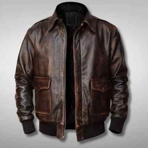 Mens A2 Bomber Brown Distressed Genuine Sheepskin Leather Bomber Jacket Men - Picture 1 of 4