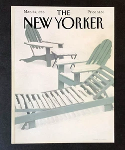 Cubierta de revista New Yorker de marzo de 1986 cubierta de nieve al aire libre césped patio sillas de colección - Imagen 1 de 1