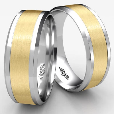 Satin Drop Beveled Edge Unisex 8mm Comfort Fit Wedding Band 14k Two Tone Gold - Image 1 of 4