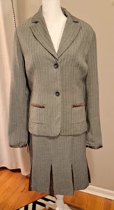Chadwicks Womens Skirt Suit Sz 14 Grey Herringbone Brown Polka Dot Accent Career - Picture 1 of 17