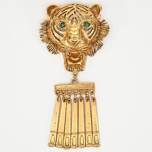 Gold-Toned Metal Tiger Head Pin W/Rhinestone Eyes - Picture 1 of 4