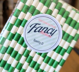 Eco Friendly Fancy Paper Straws GREEN STRIPES Pack of 25 - Picture 1 of 3