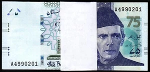 Pakistan 75 Rupees 2023 UNC, BUNDLE Pack 100 PCS, Consecutive, P-57, Prefix B - Picture 1 of 5