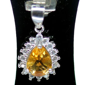 NATURAL 6 X 8 mm. PEAR GOLDEN YELLOW CITRINE & CZ PENDANT 925 STERLING SILVER