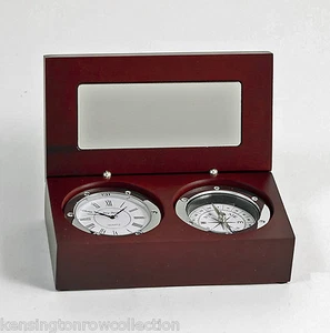 DESK CLOCK AND COMPASS IN GLASS TOP WOOD BOX - Picture 1 of 1
